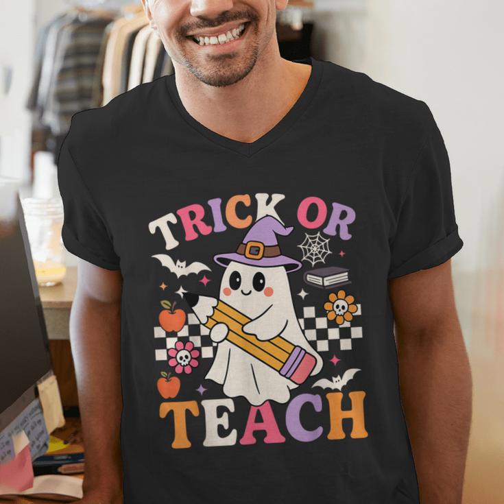 Retro Floral Ghost Trick Or Teach Groovy Teacher Halloween Men's V-Neck T-Shirt, Groovy Teacher Shirts, funny gift