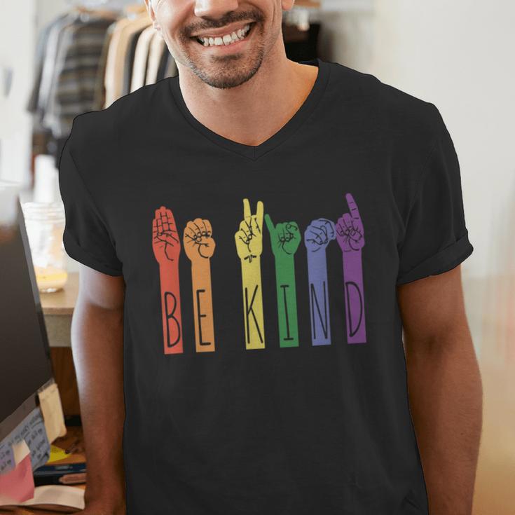 Retro Be Kind ASL Deaf Teacher Sign Language Gay Pride Men's V-Neck T-Shirt, funny gift
