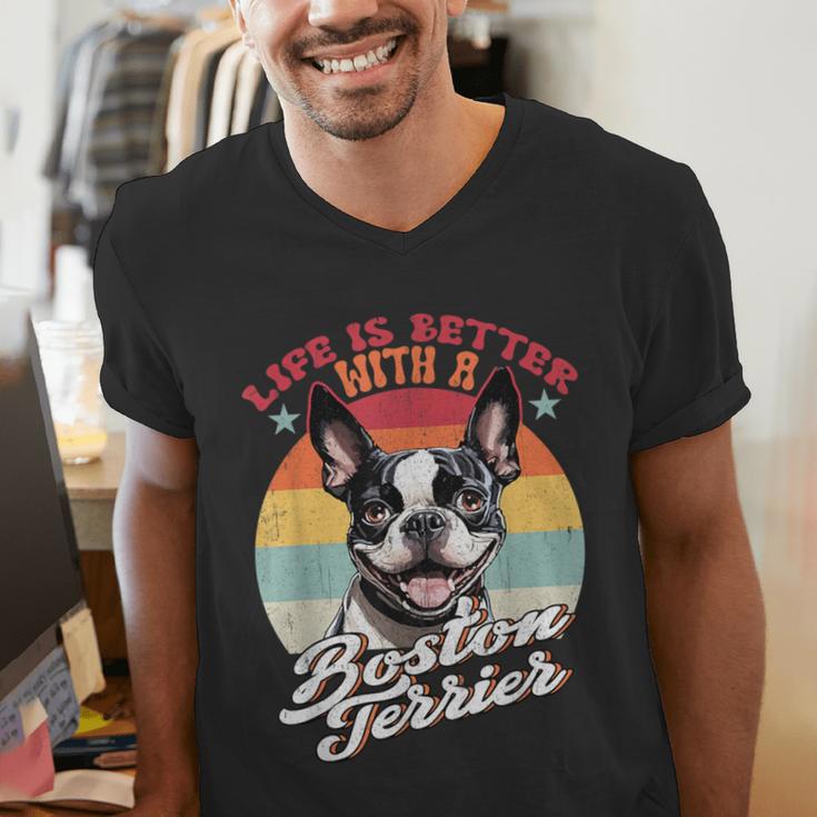 Retro Life Is Better With Boston Terrier Mom Dog Lover Men's V-Neck T-Shirt, Boston Terrier Mom Shirts, funny gift