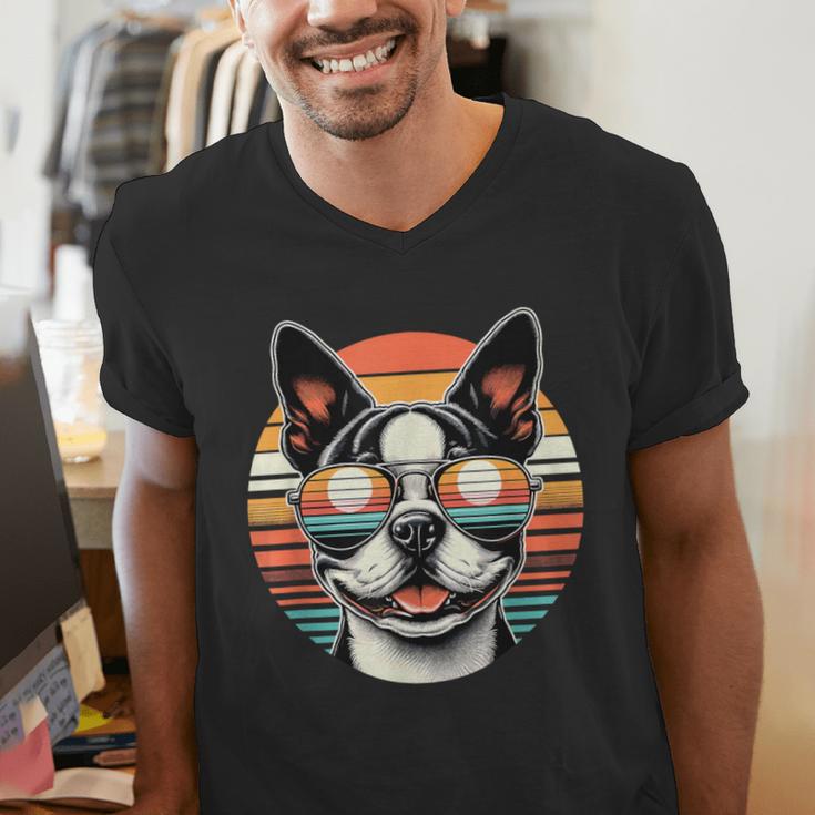 Retro Sunset Sunglasses Boston Terrier Boston Bull Bostie Men's V-Neck T-Shirt, funny gift