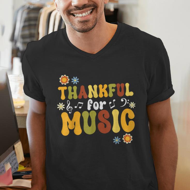 Retro Thankful For Music Floral Music Teacher Thanksgiving Men Women Men's V-Neck T-Shirt, funny gift