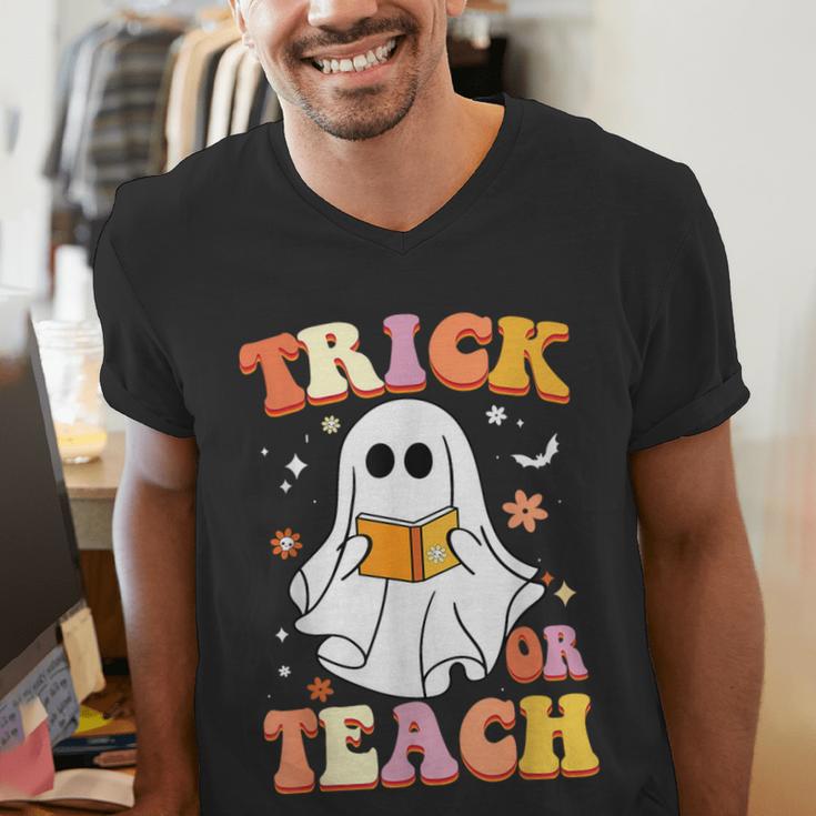 Retro Vintage Groovy Trick Or Teach Teacher Halloween For Men Women Kids Men's V-Neck T-Shirt, Groovy Teacher Shirts, funny gift Retro Vintage Groovy Trick Or Teach Teacher Halloween For Men Women Kids Men's V-Neck T-Shirt, Groovy Teacher Shirts, funny gift