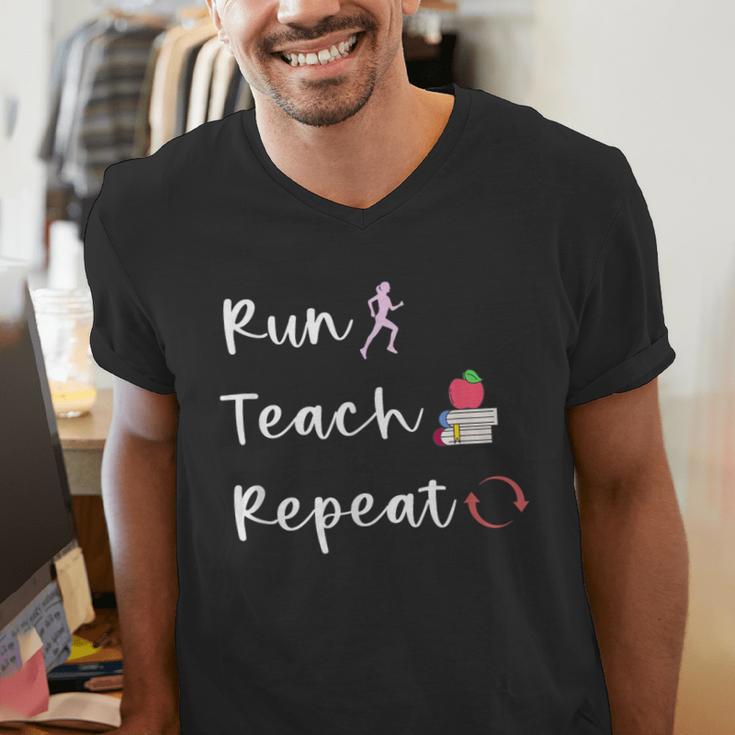 Run Teach Repeat Teacher Running Saying Slogan Runner Men's V-Neck T-Shirt, funny gift Run Teach Repeat Teacher Running Saying Slogan Runner Men's V-Neck T-Shirt, funny gift