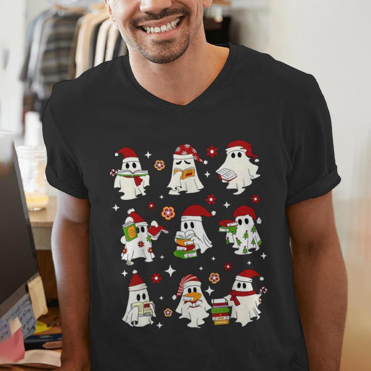 Santa Ghost Reading Books Christmas Library Teacher Men's V-Neck T-Shirt, funny gift