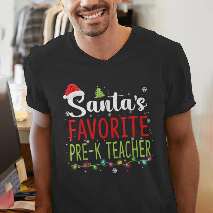 Santa's Favorite Pre-K Teacher Christmas Santa Hat Lights For Men Women Kids Men's V-Neck T-Shirt, funny gift