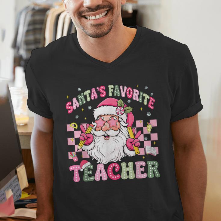 Santa's Favorite Teacher Groovy Christmas Teacher Boys Girls Men's V-Neck T-Shirt, Groovy Teacher Shirts, funny gift