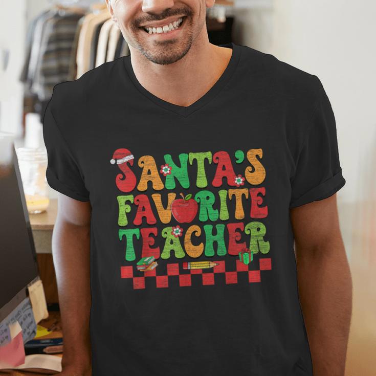 Santas Favorite Teacher Retro Groovy Christmas Xmas Women Men's V-Neck T-Shirt, Groovy Teacher Shirts, funny gift Santas Favorite Teacher Retro Groovy Christmas Xmas Women Men's V-Neck T-Shirt, Groovy Teacher Shirts, funny gift