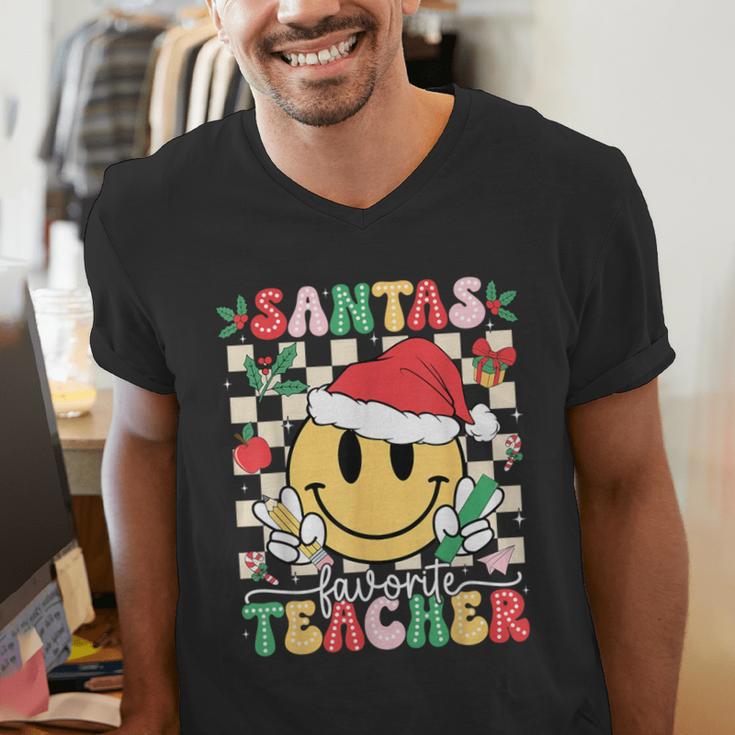 Santas Favorite Teacher Retro Groovy Smile Face Christmas Men's V-Neck T-Shirt, Groovy Teacher Shirts, funny gift