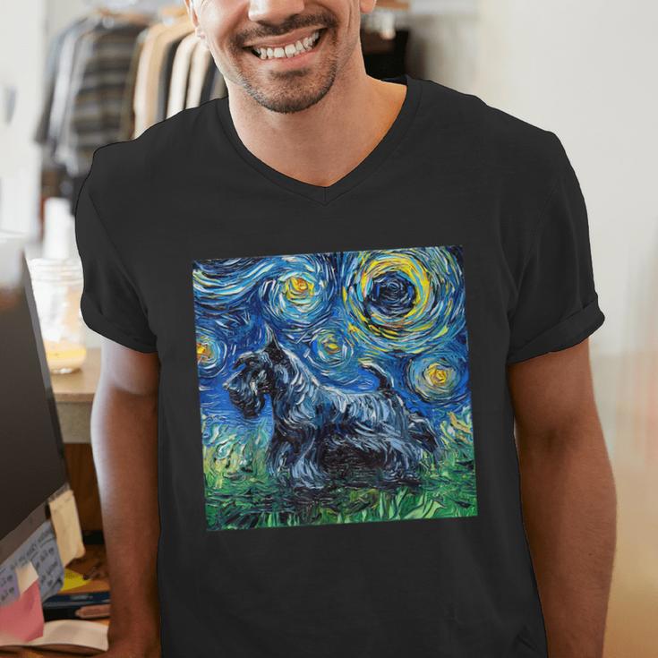 Scottish Terrier Starry Night Scotty Dog Art By Aja Men's V-Neck T-Shirt, funny gift