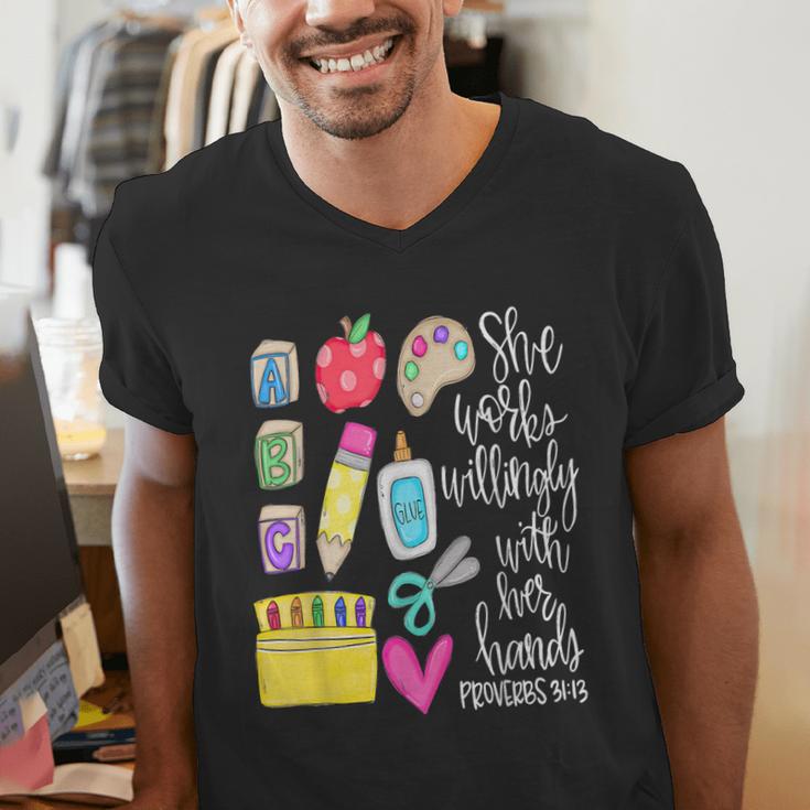 She Works Willingly With Her Hands Proverbs Daycare Teacher Men Women Men's V-Neck T-Shirt, funny gift She Works Willingly With Her Hands Proverbs Daycare Teacher Men Women Men's V-Neck T-Shirt, funny gift