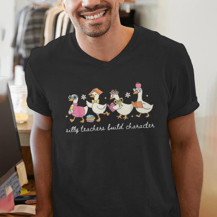 Silly Teachers Build Character Goose Teacher Back To School Men's V-Neck T-Shirt, funny gift