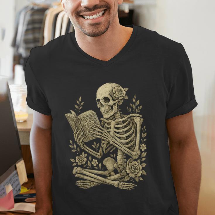 Skeleton Book Floral Skull Halloween Teacher Costume Men's V-Neck T-Shirt, funny gift Skeleton Book Floral Skull Halloween Teacher Costume Men's V-Neck T-Shirt, funny gift
