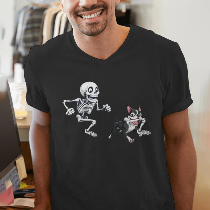 Skeleton Chasing Dog Boston Terrier Halloween Pet Lover Men's V-Neck T-Shirt, Boston Terrier Halloween Shirts, funny gift