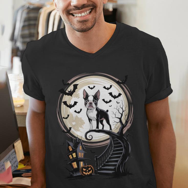 Spooky Halloween Moon Boston Terrier Boston Bull Bostie Men's V-Neck T-Shirt, Boston Terrier Halloween Shirts, funny gift