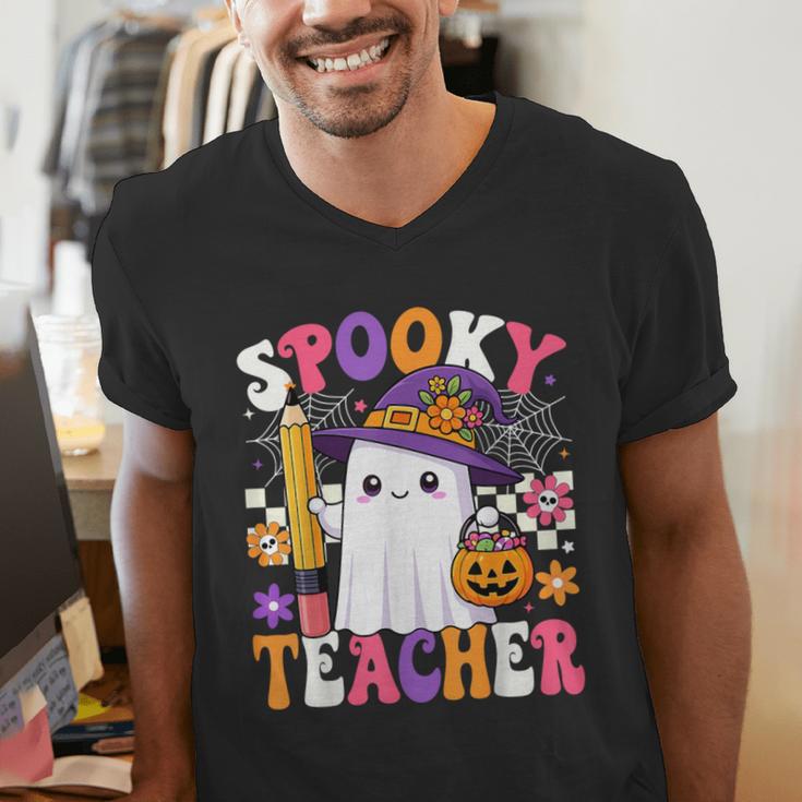Spooky Teacher Ghost Pencil Teach Halloween Teacher Men's V-Neck T-Shirt, funny gift