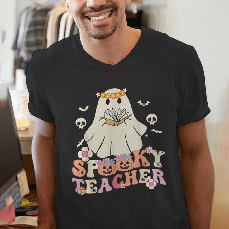 Spooky Teacher Groovy Retro Ghost Teacher Halloween 2023 For Men Women Kids Men's V-Neck T-Shirt, Groovy Teacher Shirts, funny gift Spooky Teacher Groovy Retro Ghost Teacher Halloween 2023 For Men Women Kids Men's V-Neck T-Shirt, Groovy Teacher Shirts, funny gift
