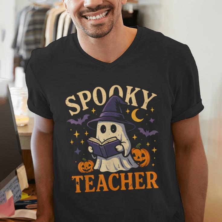 Spooky Teacher Halloween Cute Ghost Pumpkin Reading Women Men's V-Neck T-Shirt, funny gift Spooky Teacher Halloween Cute Ghost Pumpkin Reading Women Men's V-Neck T-Shirt, funny gift