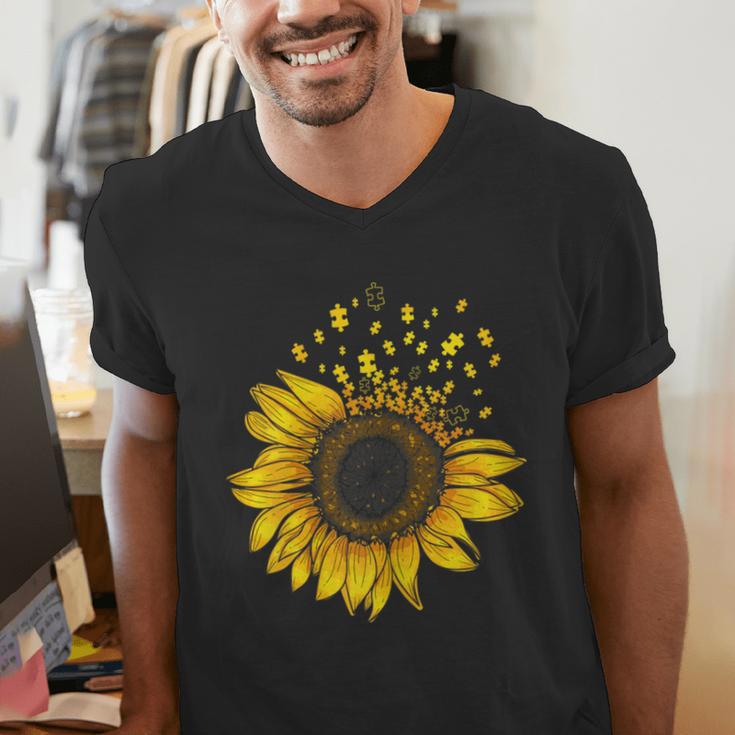 Sunflower Puzzle Pieces Autism Awareness For Mom Teacher For Women Men's V-Neck T-Shirt, funny gift