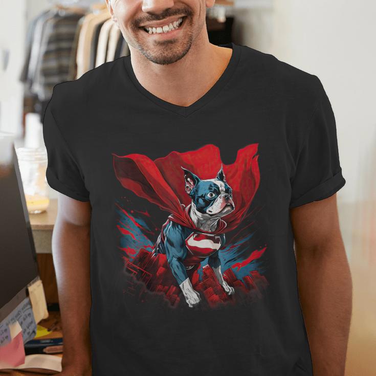 Super Power Superhero Boston Terrier Dog For Men Women Kids Men's V-Neck T-Shirt, funny gift