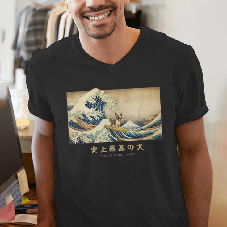 Surfing Boston Terrier Kanagawa Wave Japanese Dog For Men Women Kids Men's V-Neck T-Shirt, funny gift