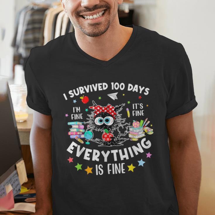 I Survived 100 Days Of School Teacher Kids Cat Lover Men's V-Neck T-Shirt, funny gift