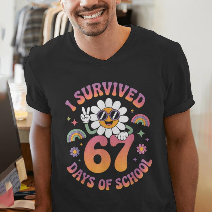 I Survived 67 Days Of School Groovy Retro Teachers Girls Men's V-Neck T-Shirt, funny gift I Survived 67 Days Of School Groovy Retro Teachers Girls Men's V-Neck T-Shirt, funny gift