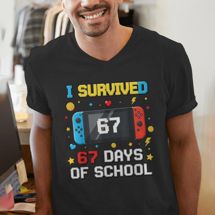 I Survived 67 Days Of School 67 Teacher Squad Matching Men's V-Neck T-Shirt, funny gift I Survived 67 Days Of School 67 Teacher Squad Matching Men's V-Neck T-Shirt, funny gift