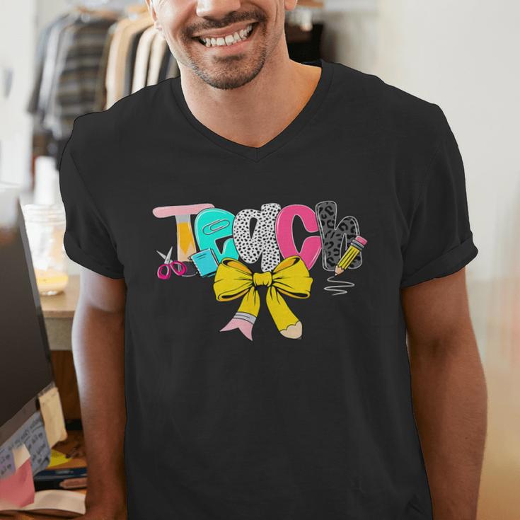 Teach Coquette Bow Teacher Back To School Happy First Day Men's V-Neck T-Shirt, funny gift Teach Coquette Bow Teacher Back To School Happy First Day Men's V-Neck T-Shirt, funny gift