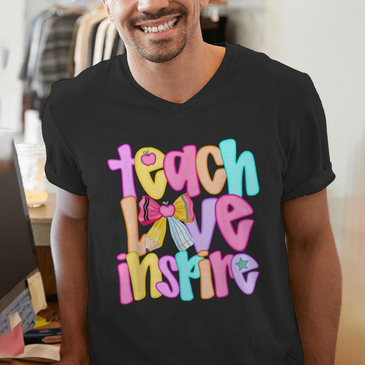 Teach Love Inspire Preppy Back To School Teacher Women Men's V-Neck T-Shirt, funny gift