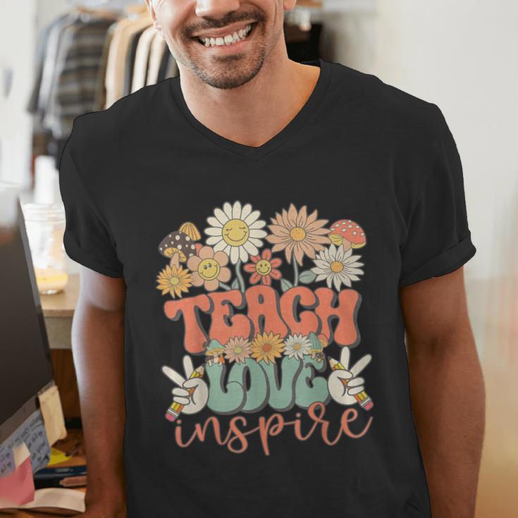 Teach Love Inspire Retro Groovy Daisy Back To School Teacher For Men Women Kids Men's V-Neck T-Shirt, Groovy Teacher Shirts, funny gift