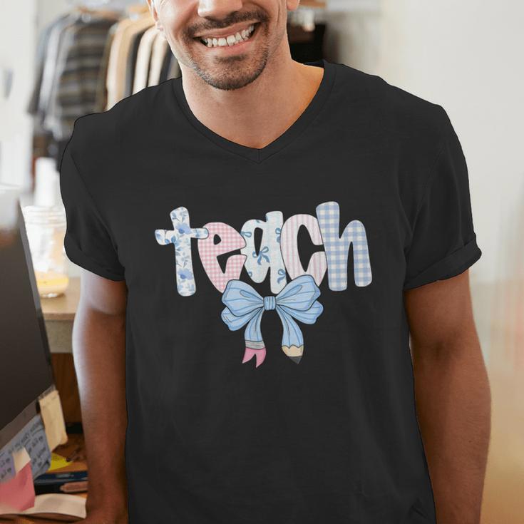 Teach Teacher Coquette Bow Pencil Back To School First Day Men's V-Neck T-Shirt, funny gift Teach Teacher Coquette Bow Pencil Back To School First Day Men's V-Neck T-Shirt, funny gift