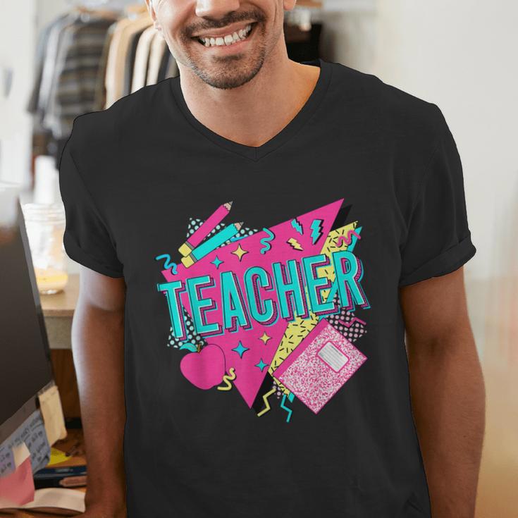 Teacher 90s Retro Colorful Teacher Of The 90s Back To School Men's V-Neck T-Shirt, 90s Teacher Shirts, funny gift