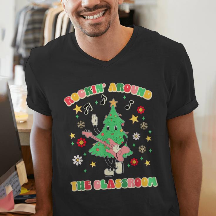 Teacher Christmas Shirts Pajama Matching Rockin' Around The Classroom -Adult Short Sleeve Small Modern Festive Christmas Teacher Xmas Vibes T-Shirt Men's V-Neck T-Shirt, funny gift
