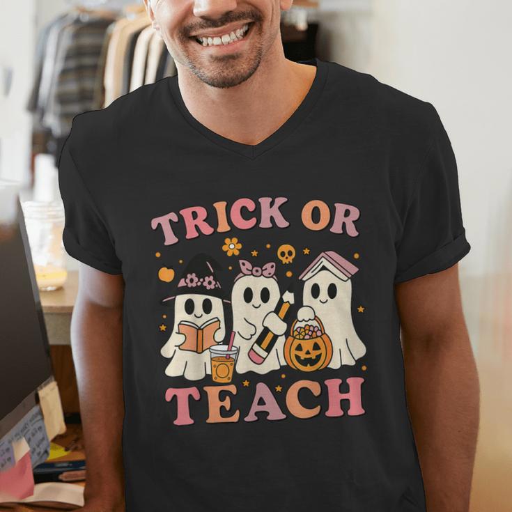 Teacher Halloween Trick Or Teach Cute Ghost Coffee Pumpkins Men's V-Neck T-Shirt, funny gift