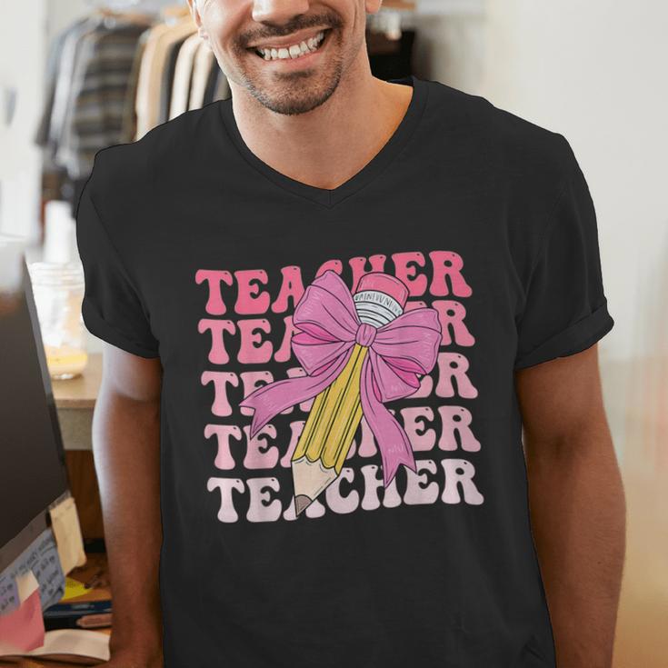 Teacher Pencil Back To School Groovy Pink Teacher First Day Men's V-Neck T-Shirt, Groovy Teacher Shirts, funny gift Teacher Pencil Back To School Groovy Pink Teacher First Day Men's V-Neck T-Shirt, Groovy Teacher Shirts, funny gift