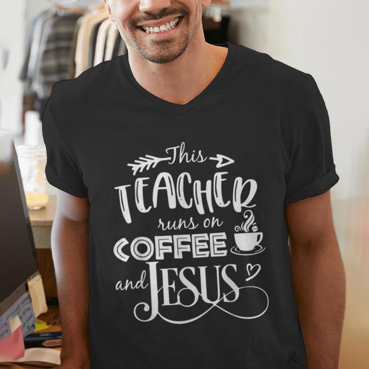 This Teacher Runs On Coffee And Jesus T Shirt Christian Tees Men's V-Neck T-Shirt, funny gift