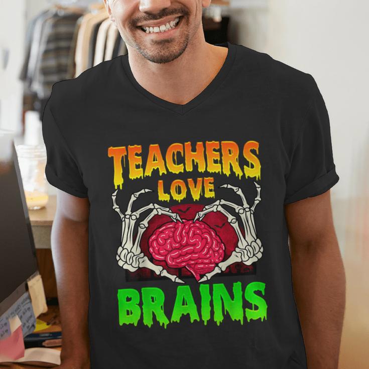 Teacher Teachers Love Brains Skeleton Hand Heart Halloween Men's V-Neck T-Shirt, funny gift