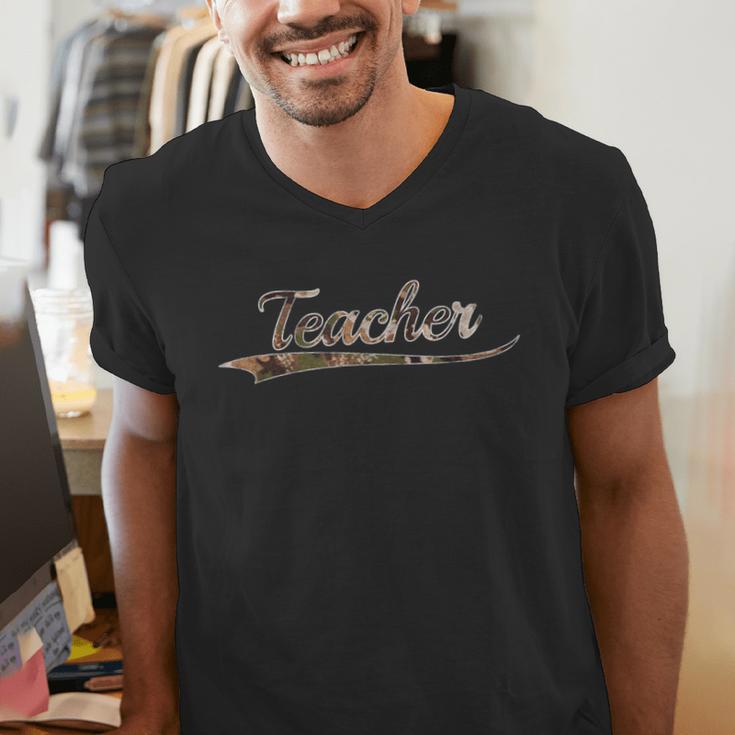 Teacher Teaching Camouflage Vintage Inspired Distressed Camo For Men Women Men's V-Neck T-Shirt, funny gift