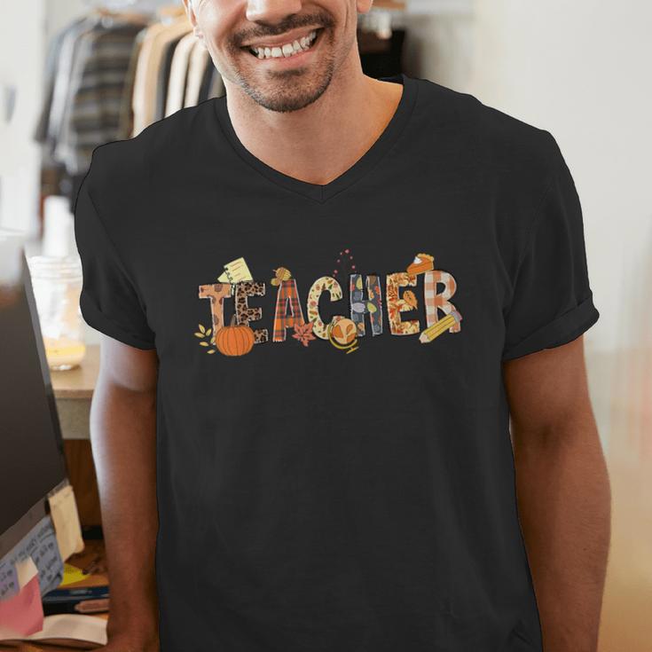 Teacher Thanksgiving Women Autumn Fall Halloween Pumpkin Tee Men's V-Neck T-Shirt, funny gift Teacher Thanksgiving Women Autumn Fall Halloween Pumpkin Tee Men's V-Neck T-Shirt, funny gift