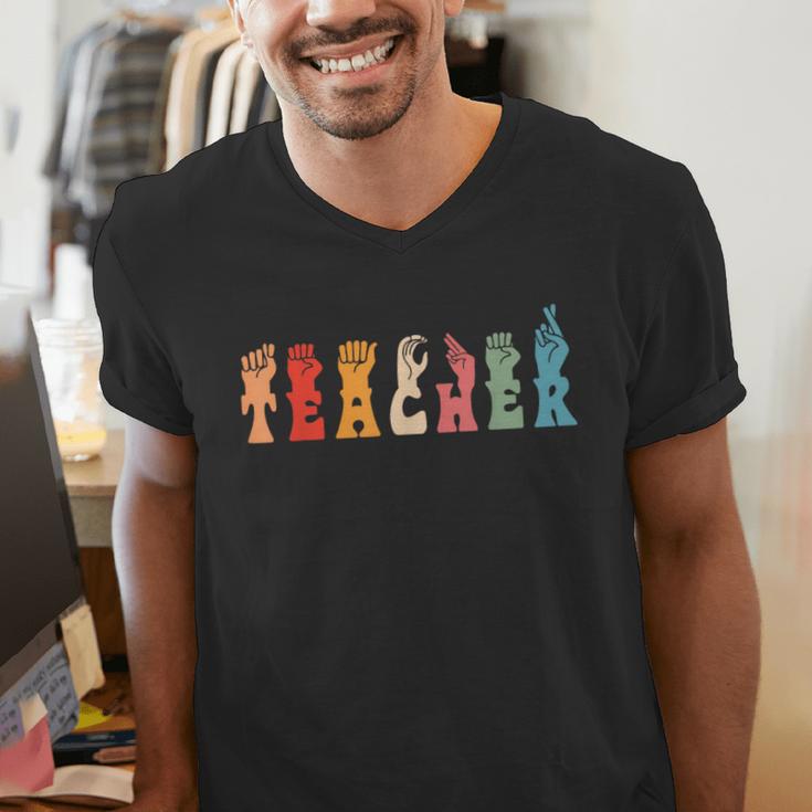Teacher Word In Sign Language Awareness ASL Back To School Men's V-Neck T-Shirt, funny gift Teacher Word In Sign Language Awareness ASL Back To School Men's V-Neck T-Shirt, funny gift