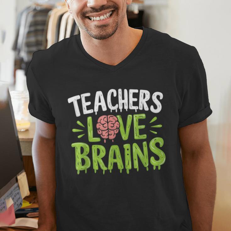 Teachers Love Brains Halloween Teacher Zombie Men's V-Neck T-Shirt, funny gift Teachers Love Brains Halloween Teacher Zombie Men's V-Neck T-Shirt, funny gift