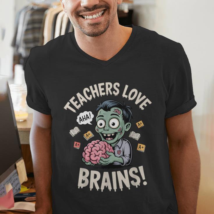 Teachers Love Brains Shirt Men Women Teacher Halloween Men's V-Neck T-Shirt, funny gift