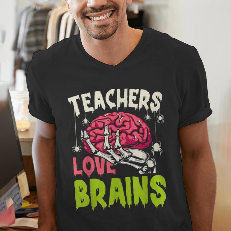 Teachers Love Brains Skeleton Halloween Teacher Funny Men's V-Neck T-Shirt, funny gift