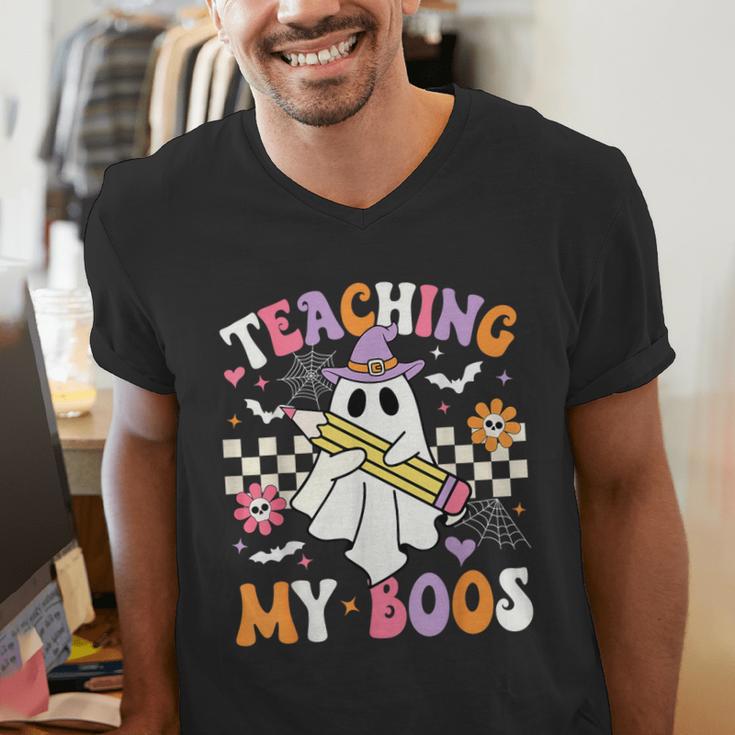 Teaching My Boos Ghost Teacher Cute Groovy Halloween Teacher Men's V-Neck T-Shirt, Groovy Teacher Shirts, funny gift Teaching My Boos Ghost Teacher Cute Groovy Halloween Teacher Men's V-Neck T-Shirt, Groovy Teacher Shirts, funny gift