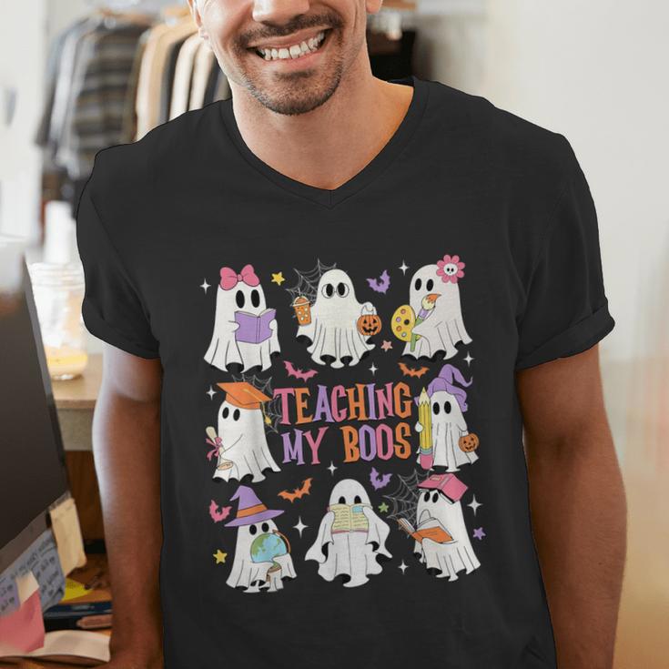 Teaching My Boos Teacher Cute Ghost Groovy Teacher Halloween Men's V-Neck T-Shirt, Groovy Teacher Shirts, funny gift Teaching My Boos Teacher Cute Ghost Groovy Teacher Halloween Men's V-Neck T-Shirt, Groovy Teacher Shirts, funny gift