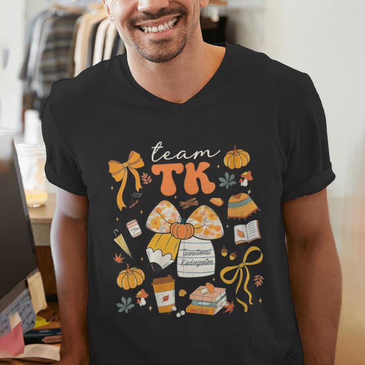 Team TK Crew Preppy Coquette Bow Pumpkin Fall TK Teacher Men's V-Neck T-Shirt, funny gift Team TK Crew Preppy Coquette Bow Pumpkin Fall TK Teacher Men's V-Neck T-Shirt, funny gift