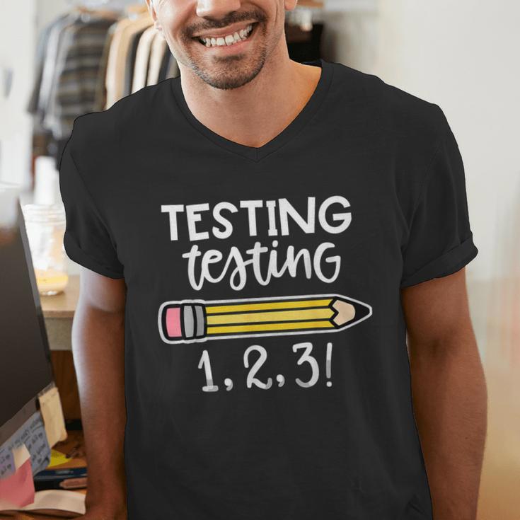 Testing Testing 123 Cute Test Day School Teacher Exam For Men Women Girls Kids Men's V-Neck T-Shirt, funny gift