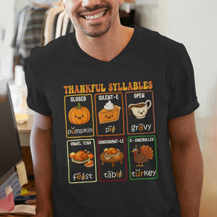 Thankful Syllables Thanksgiving Phonics Reading Teacher Fall Men's V-Neck T-Shirt, funny gift Thankful Syllables Thanksgiving Phonics Reading Teacher Fall Men's V-Neck T-Shirt, funny gift