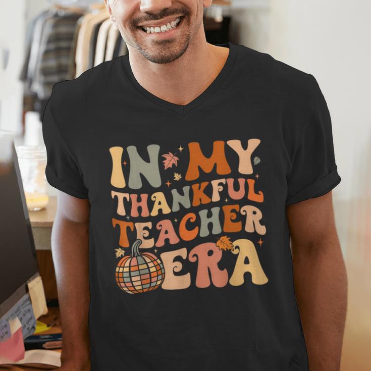 In My Thankful Teacher Era Cute Groovy Thanksgiving Teacher Men's V-Neck T-Shirt, Groovy Teacher Shirts, funny gift