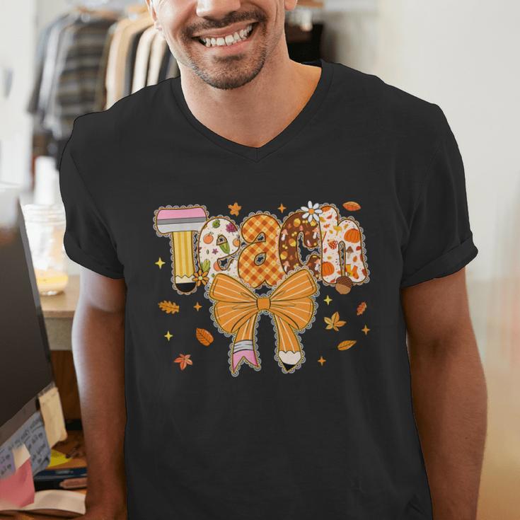 Thanksgiving Teacher Pencil Bow One Thankful Teacher Fall Men's V-Neck T-Shirt, funny gift Thanksgiving Teacher Pencil Bow One Thankful Teacher Fall Men's V-Neck T-Shirt, funny gift